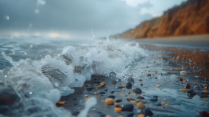 A beach where 2D waves blend into 3D rocky shores, captured using time-lapse photography for gradual change.