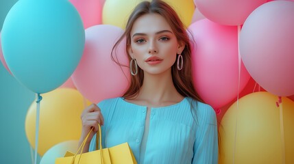 Wall Mural - An elegant woman dressed in pastel colors joyfully holds shopping bags and balloons, standing against a colorful backdrop, showcasing a chic fashion expression.