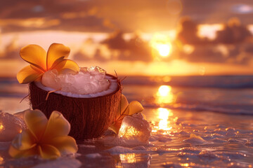 Wall Mural - A coconut is sitting on the beach with a few flowers around it