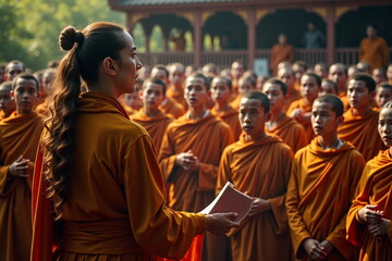 A woman stands among a group of monks, possibly in a religious setting