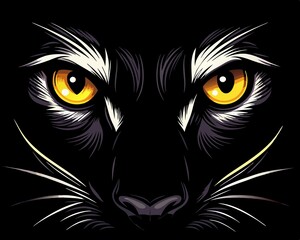 Sticker - black cat face. silhouette of a hand-drawn muzzle, with burning eyes, a panther cat in color on a black background