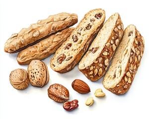 Yummy assortment of nutty biscotti on white background