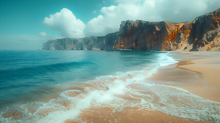 Wall Mural - A beach where 2D waves blend into 3D rocky shores, captured with time-lapse photography for transition.