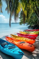 Poster - Kayak boat in tropical beach with coconut tree