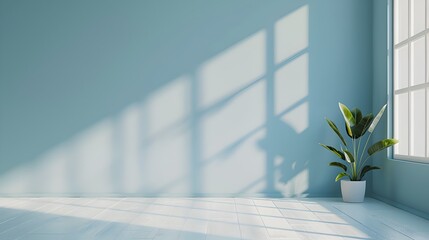 High resolution Blue room with cement wall and floor background with soft shadow from window on empty concrete wall. Aesthetic boho architecture interior. Creative product mockup