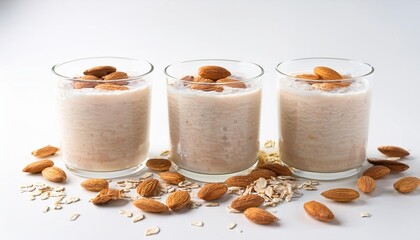 Wall Mural - three glasses of oatmeal with almonds on a pristine white surface surrounded by a few scattered oats