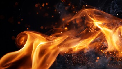 abstract image of orange fire or flames with sparkles and smoke in black background