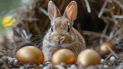 Wall Mural - A cute brown bunny rabbit sits in a nest of hay with golden Easter eggs.