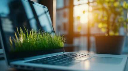 Wall Mural - a side view of a laptop with fresh, green grass emerging from the keys, placed in an open, sunlit of