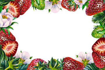 A frame with an image of a strawberry twig with berries and flowers. Hand-made watercolor illustration. Ripe, juicy, realistic strawberries. For packaging, labels and flyers. For banners and postcards