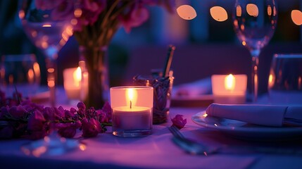 Canvas Print - Elegant table setting with candles in restaurant. Selective focus. Romantic dinner setting with candles on table in restaurant.