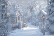 © netrun78 - A peaceful, snow-covered pathway leads through a quaint village with ornate houses and a lit streetlamp amidst the winter landscape.