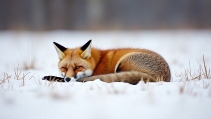 Wall Mural - Alert Red Fox in Snowy Meadow Wildlife Portrait