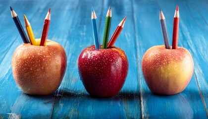 colorful pencils in apples on blue table three apples with colorful pencils sticking out resting on a blue wooden table with water droplets