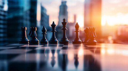 a chessboard with pieces shaped like famous business icons, set against a blurred city skyline backg