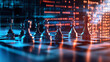 © Maksym Tereshchenko - A chessboard with pieces made from flowing liquid metal, set on a blurred tech interface background, symbolizing the fluid and adaptable nature of successful strategies in modern b