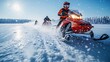 © Engpau - A thrilling snowmobile race across a frozen lake, with racers kicking up snow and wearing bright winter gear under a clear blue sky