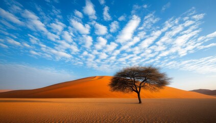 beautiful photograph of a tree in the desert dunes, with a blue sky and white clouds in the backgrou