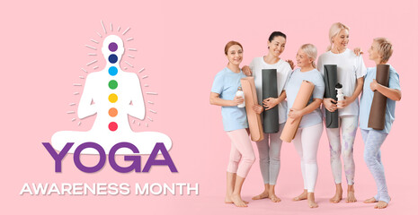 Wall Mural - Group of mature women with yoga mats on pink background