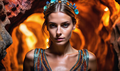 A woman with a jeweled headband stands in a cave with an orange glow behind her