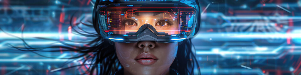 The individual intently engages with a futuristic virtual reality environment, surrounded by pulsating lights and holographic displays