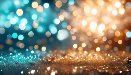 Poster - background of abstract gold blue turquoise and silver glitter lights defocused