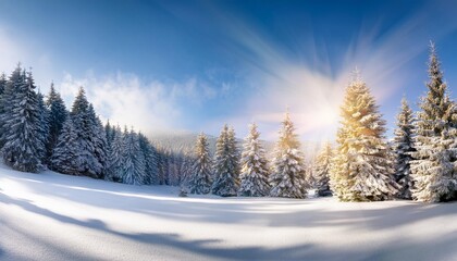 winter snowy coniferous forest fairy landscape at sunny day background happy new year or christmas greeting card banner