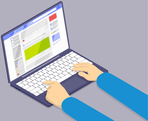 Poster - Person working on laptop computer. Content filling, smm management and social media concept. Internet manager or influencer at work. Student using mobile gadgets for communication and study