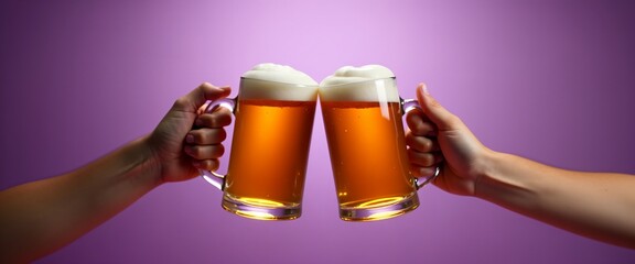 Hands holding mugs of Bavarian beer Oktoberfest on purple background