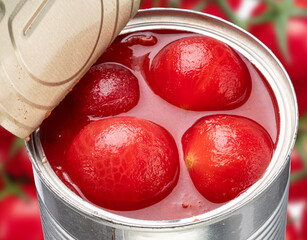 Wall Mural - Canned and peeled fresh cherry tomatoes in can and fresh tomatoes at the background. Top view.