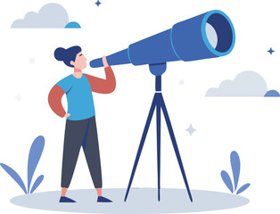 young explorer observing through telescope, searching for opportunities in the stars, discovery, or 
