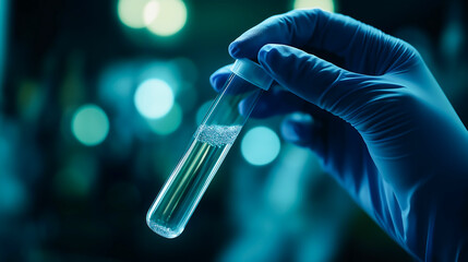 Close up hand of scientist wearing blue gloves holding a sample of bacteria in a test tube conducting medical research and health care