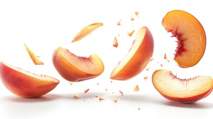 Wall Mural - Falling Peach Slices, Delicious Tasty Fruit, Organic Sweet Snack, Isolated Culinary Business Marketing Backdrop Concept, Farm Fresh Agriculture Wallpaper, White Background for Easy Editing