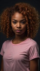 Wall Mural - Confident young African American woman with curly red hair, dressed in a pink t-shirt, against a dark backdrop