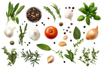 Top view of Herbs and spices isolated on transparent background