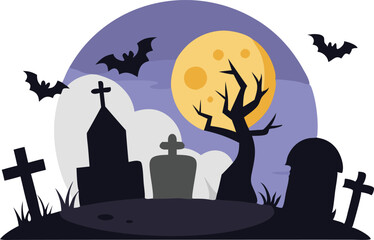 Spooky graveyard scene with tombstones, a full moon, and bats flying, representing Halloween, fear, and mystery in a dark, eerie landscape.