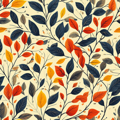 Wall Mural - Colorful autumn leaves seamless pattern. Orange, red and beige, teal tones