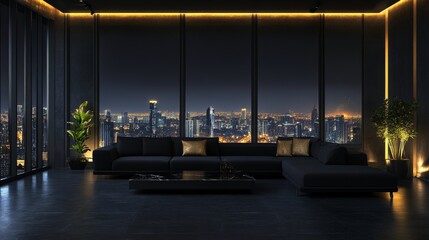 Wall Mural - Night scene, Modern style luxury black living room with city view 3d render, There are black terrazzo floor decorated wall with hidden light, furnished with black fabric sofa