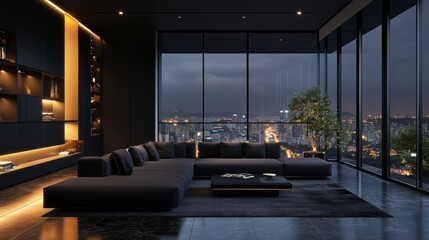 Night scene, Modern style luxury black living room with city view 3d render, There are black terrazzo floor decorated wall with hidden light, furnished with black fabric sofa