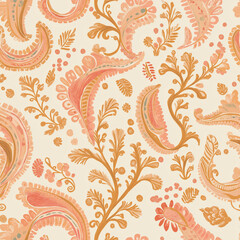  Paisley style seamless pattern in orange and pink, gold color tones