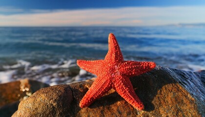 Canvas Print - red starfish on a rock near the sea