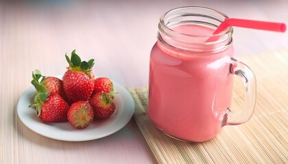 focus on a glass jar with a handle filled with a pink fruit cocktail next to a saucer with strawberr