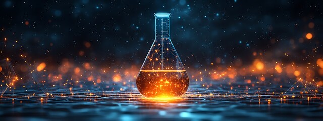 The digital laboratory flask icon with glowing data symbolizes the integration of AI into scientific experimentation and data analysis, accelerating research progress and discoveries design,