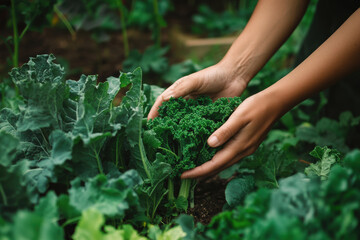 Wall Mural - An image of a person harvesting leafy greens, with their hands cradling a bunch of kale or similar greens. 