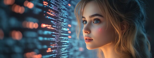  AI cyber security concept. Female IT Computer specialist analyzing artificial intelligence cyber threats to consumer data & privacy breach. Software developer using code & ethical hacking 