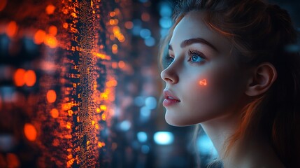  AI cyber security concept. Female IT Computer specialist analyzing artificial intelligence cyber threats to consumer data & privacy breach. Software developer using code & ethical hacking 