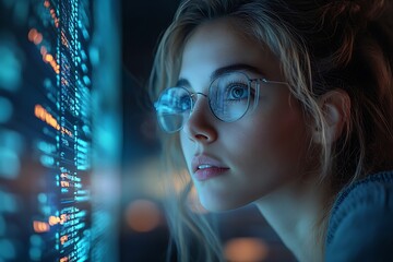  AI cyber security concept. Female IT Computer specialist analyzing artificial intelligence cyber threats to consumer data & privacy breach. Software developer using code & ethical hacking 