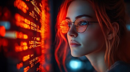  AI cyber security concept. Female IT Computer specialist analyzing artificial intelligence cyber threats to consumer data & privacy breach. Software developer using code & ethical hacking 