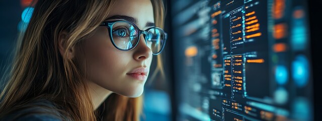  AI cyber security concept. Female IT Computer specialist analyzing artificial intelligence cyber threats to consumer data & privacy breach. Software developer using code & ethical hacking 