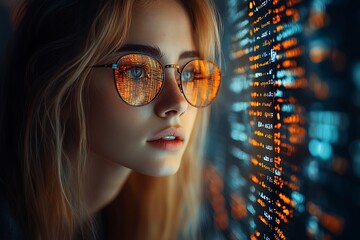  AI cyber security concept. Female IT Computer specialist analyzing artificial intelligence cyber threats to consumer data & privacy breach. Software developer using code & ethical hacking 